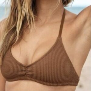 aerie Ribbed Triangle Bikini Top in Brown